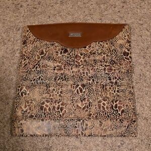 Faux AN Print Clutch with Brown Leather Flap